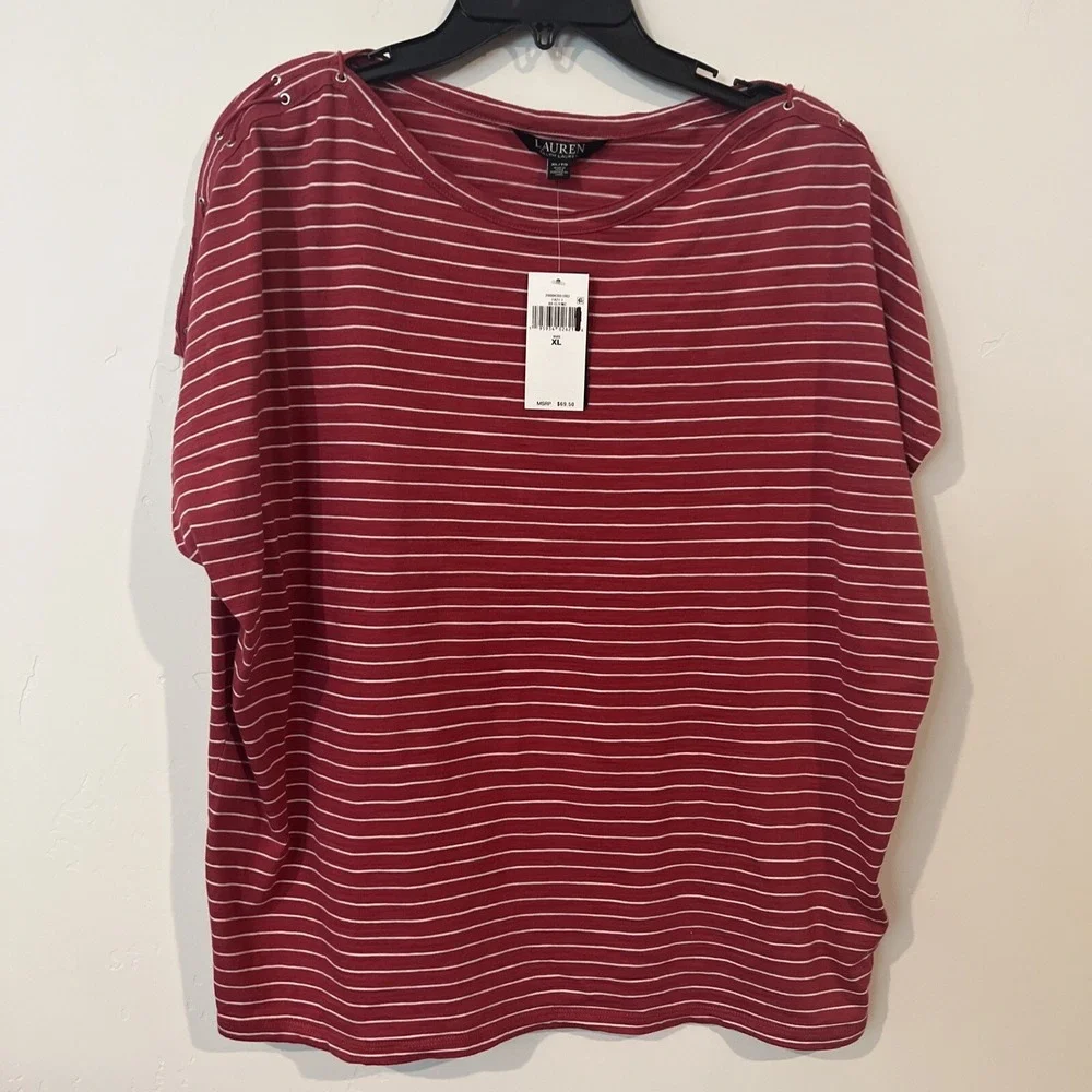 Black Label Polo Ralph Lauren Womens Sz XL Red Striped Short Sleeve